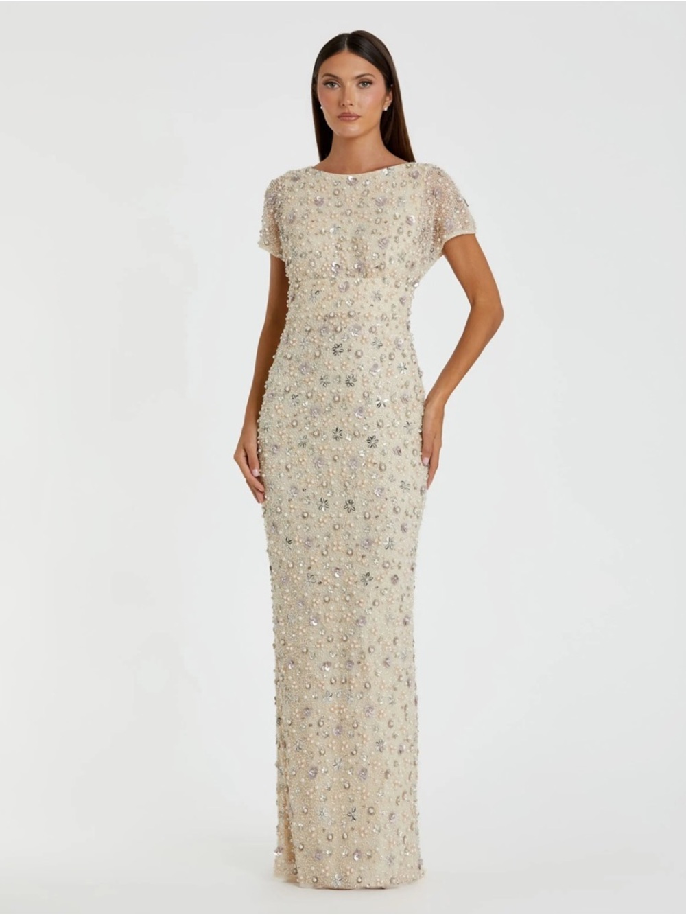 Mac Duggal 94205 Ivory Floral Embellished Mesh Fitted Column Gown Size 14 NWT